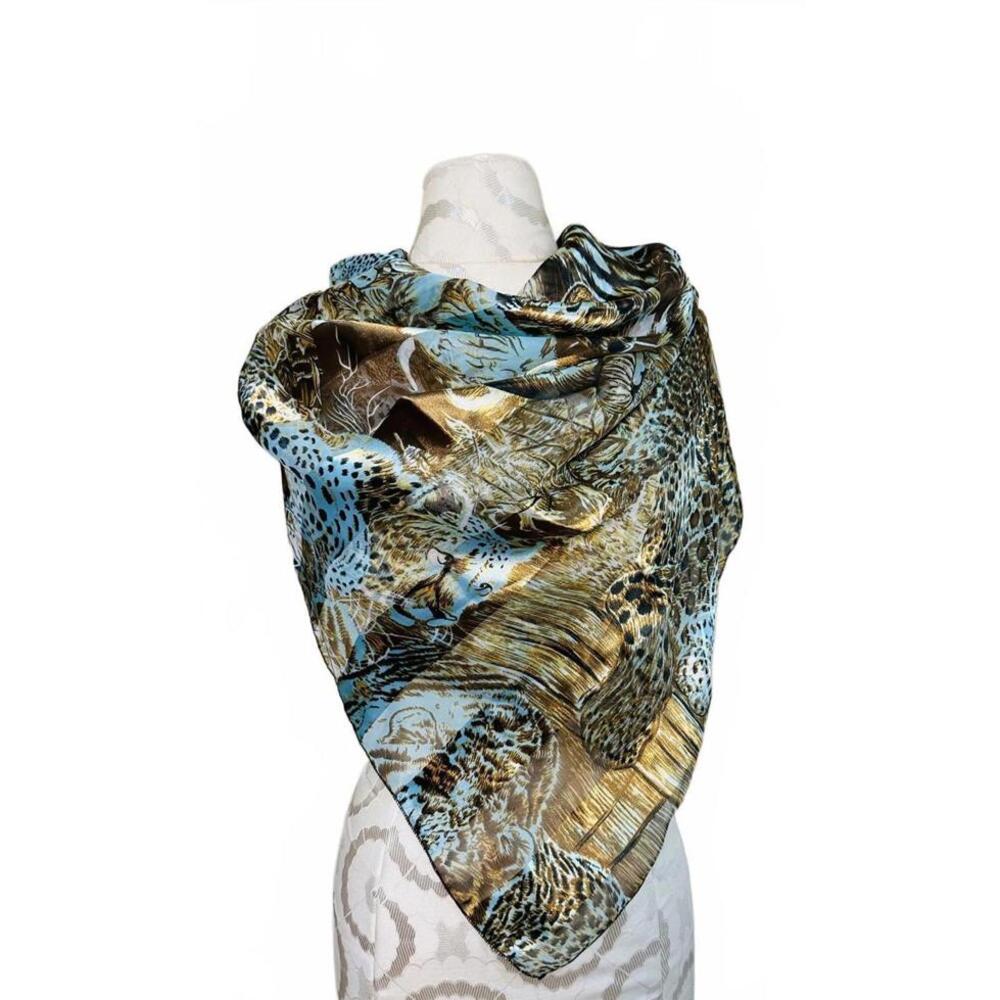 VTG Luxuriously Stunning Animal Print Satin Scarf Blue/Gold/Brown by Perry Ellis